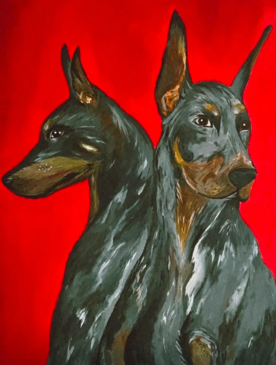 Pintura al óleo de dos dobermans mirando en direcciones opuestas sobre un fondo rojo intenso
